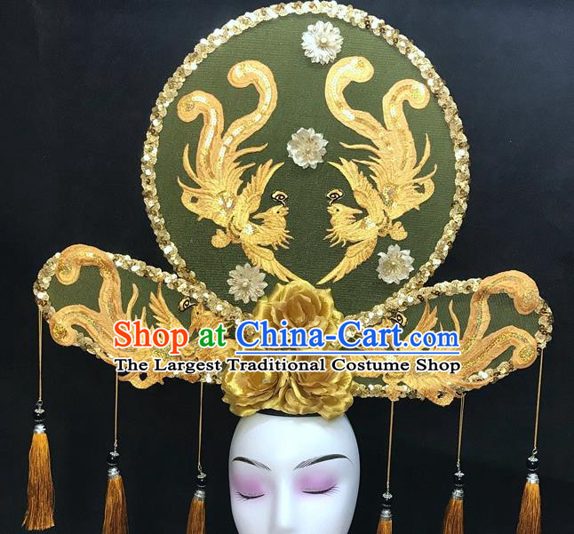 Chinese Qipao Stage Show Embroidered Phoenix Hair Crown Traditional Court Golden Rose Top Hat Handmade Catwalks Deluxe Headwear