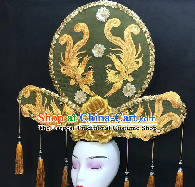 Chinese Qipao Stage Show Embroidered Phoenix Hair Crown Traditional Court Golden Rose Top Hat Handmade Catwalks Deluxe Headwear