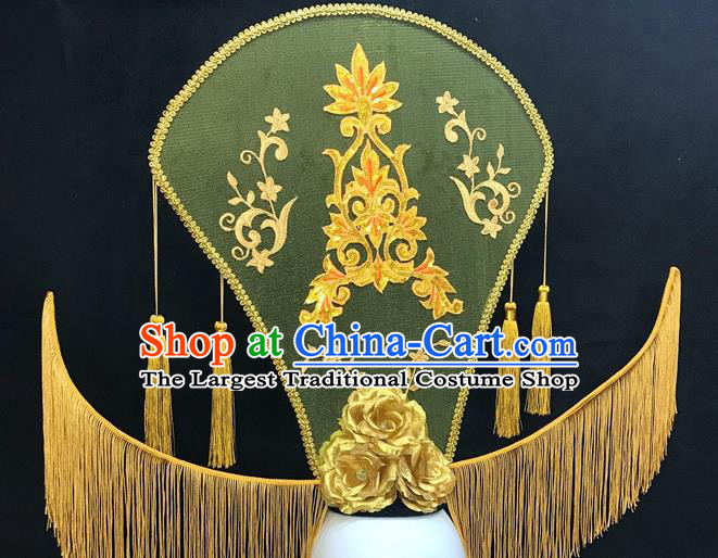 Chinese Handmade Catwalks Deluxe Tassel Headwear Qipao Stage Show Golden Peony Hair Crown Traditional Court Top Hat