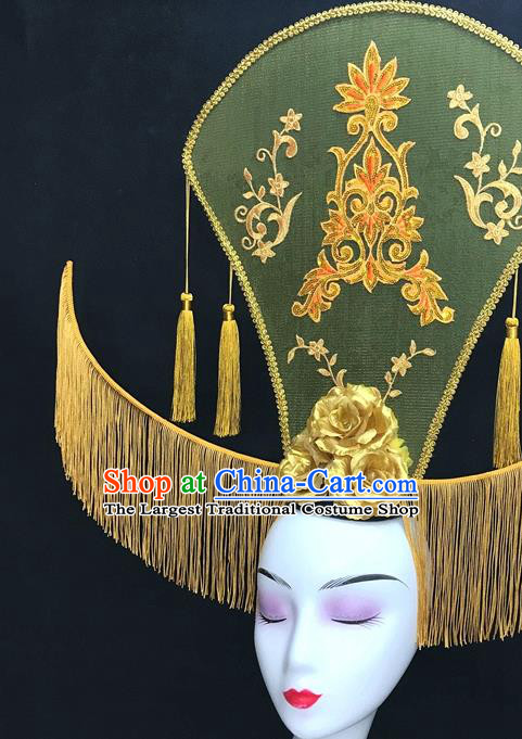 Chinese Handmade Catwalks Deluxe Tassel Headwear Qipao Stage Show Golden Peony Hair Crown Traditional Court Top Hat