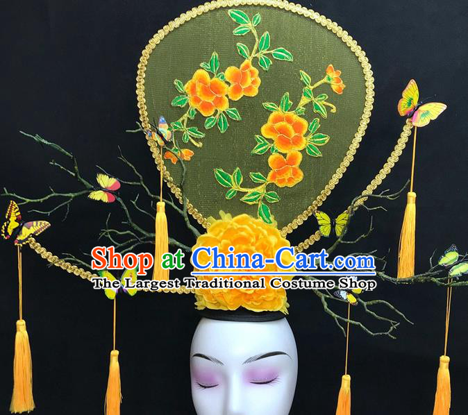 Chinese Traditional Court Giant Top Hat Handmade Catwalks Deluxe Headwear Qipao Stage Show Yellow Peony Hair Crown