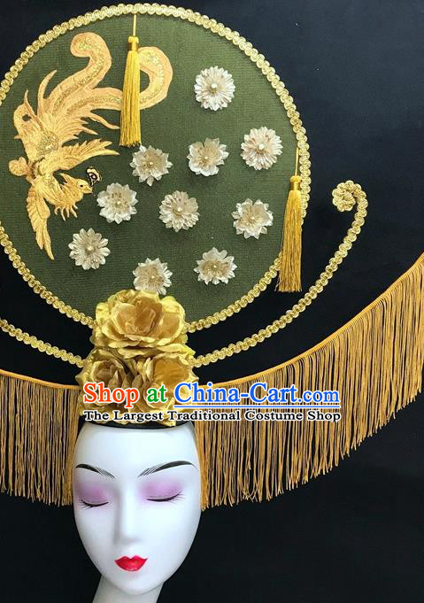 Chinese Handmade Catwalks Deluxe Phoenix Headwear Qipao Stage Show Hair Crown Traditional Court Giant Tassel Top Hat