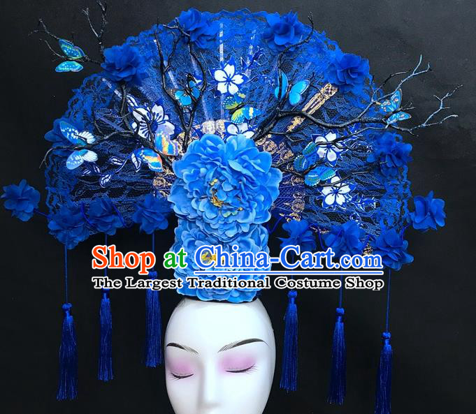 Chinese Traditional Court Giant Blue Peony Fan Top Hat Handmade Catwalks Deluxe Lace Headwear Qipao Stage Show Hair Crown