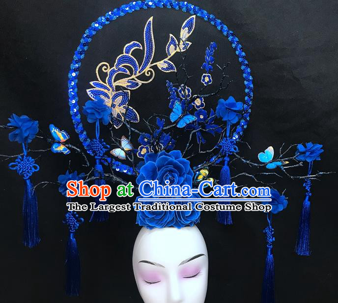 Chinese Qipao Stage Show Blue Hair Crown Traditional Court Giant Fan Top Hat Handmade Catwalks Deluxe Rose Branch Headwear