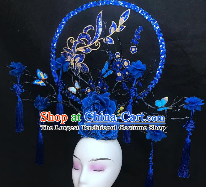 Chinese Qipao Stage Show Blue Hair Crown Traditional Court Giant Fan Top Hat Handmade Catwalks Deluxe Rose Branch Headwear