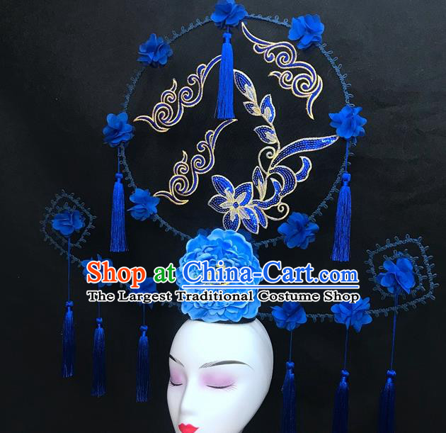 Chinese Handmade Catwalks Deluxe Headwear Qipao Stage Show Tassel Hair Crown Traditional Court Giant Blue Peony Top Hat