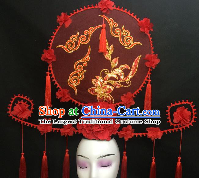 Chinese Traditional Court Giant Red Peony Top Hat Handmade Catwalks Deluxe Headwear Qipao Stage Show Tassel Hair Crown