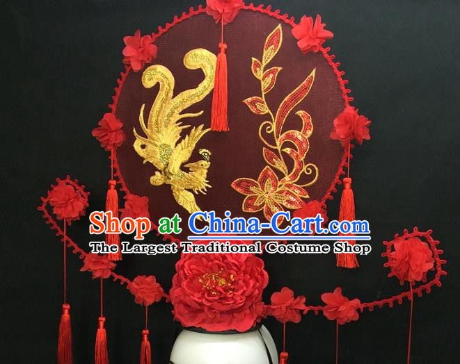 Chinese Qipao Stage Show Embroidered Phoenix Hair Crown Traditional Court Giant Red Peony Top Hat Handmade Catwalks Deluxe Tassel Headwear