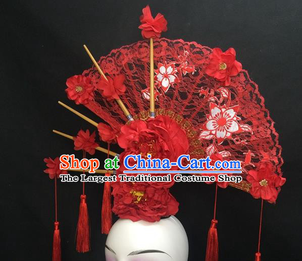Chinese Handmade Catwalks Deluxe Lace Fan Headwear Qipao Stage Show Hair Crown Traditional Court Giant Red Peony Top Hat