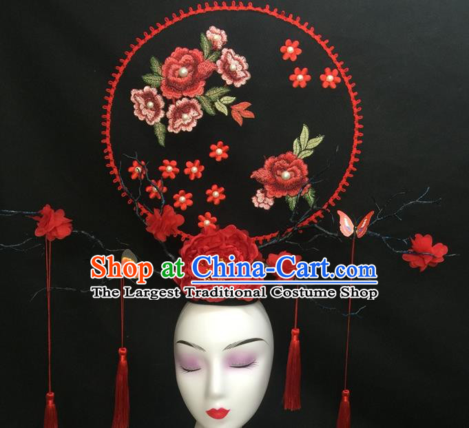 Chinese Traditional Court Giant Embroidered Top Hat Handmade Catwalks Deluxe Fan Headwear Qipao Stage Show Peony Hair Crown