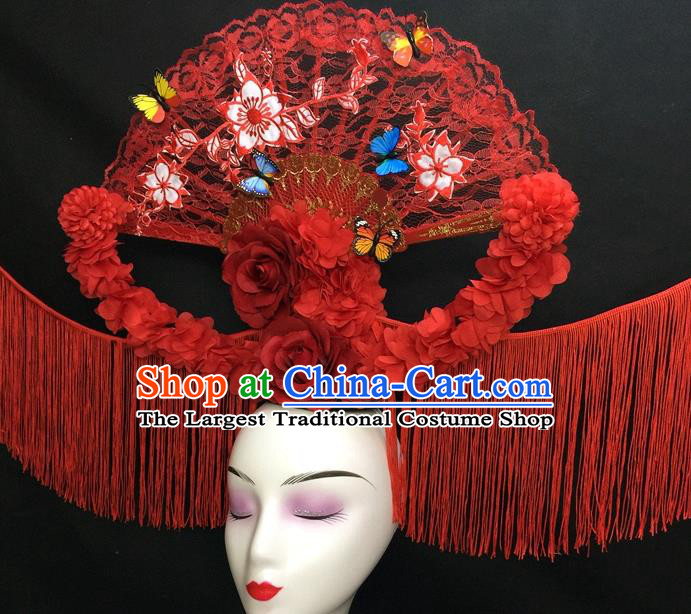 Chinese Handmade Catwalks Deluxe Tassel Headwear Qipao Stage Show Red Lace Fan Hair Crown Traditional Court Giant Flowers Top Hat