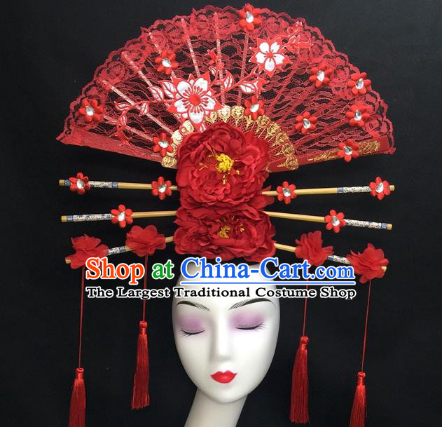 Chinese Traditional Court Giant Red Peony Top Hat Handmade Catwalks Deluxe Lace Fan Headwear Qipao Stage Show Tassel Hair Crown