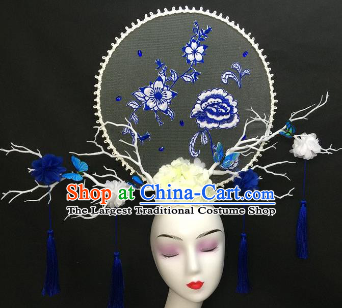 Chinese Qipao Stage Show Tassel Hair Crown Traditional Court Giant Top Hat Handmade Catwalks Deluxe Embroidered Peony Headwear
