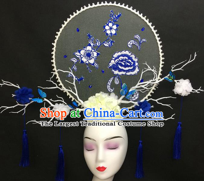 Chinese Qipao Stage Show Tassel Hair Crown Traditional Court Giant Top Hat Handmade Catwalks Deluxe Embroidered Peony Headwear