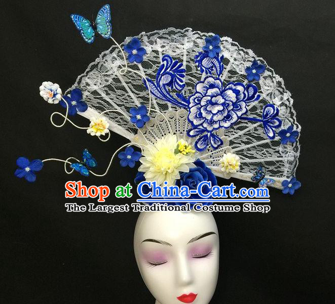 Chinese Handmade Catwalks Deluxe Embroidered Peony Headwear Qipao Stage Show White Lace Fan Hair Crown Traditional Court Giant Top Hat
