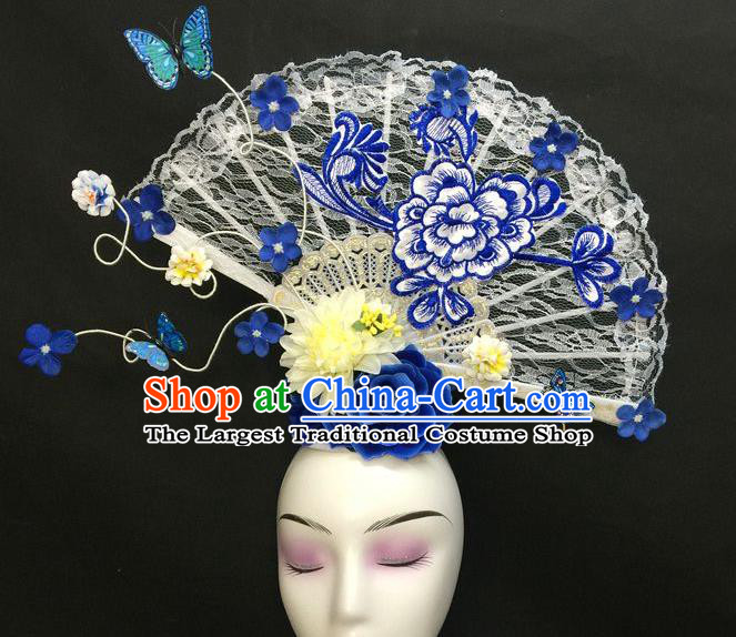 Chinese Handmade Catwalks Deluxe Embroidered Peony Headwear Qipao Stage Show White Lace Fan Hair Crown Traditional Court Giant Top Hat