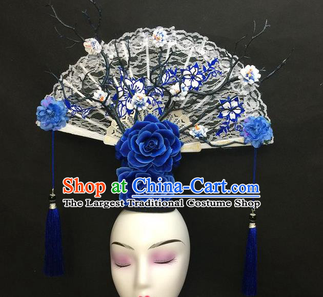 Chinese Traditional Court Giant Top Hat Handmade Catwalks Deluxe Embroidered Headwear Qipao Stage Show White Lace Fan Hair Crown