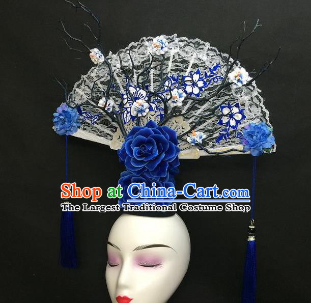 Chinese Traditional Court Giant Top Hat Handmade Catwalks Deluxe Embroidered Headwear Qipao Stage Show White Lace Fan Hair Crown