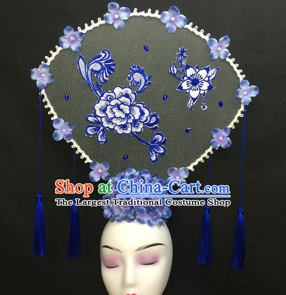 Chinese Qipao Stage Show Large Fan Hair Crown Traditional Court Giant Lilac Flowers Top Hat Handmade Catwalks Deluxe Headwear