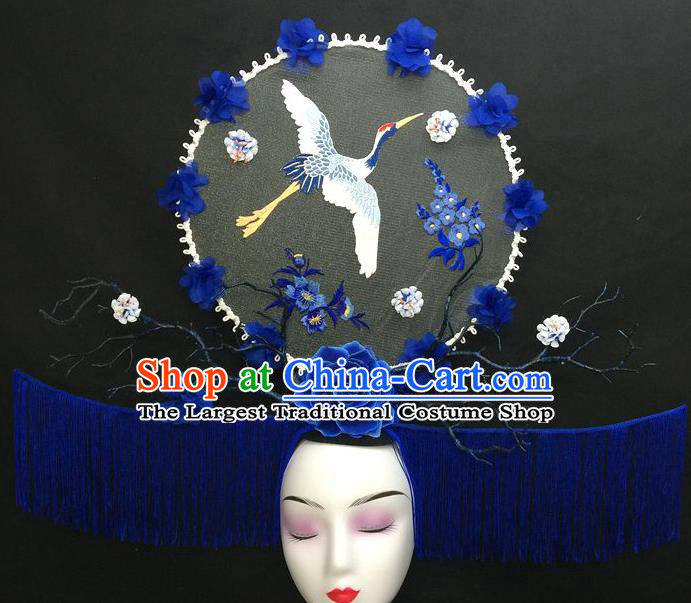 Chinese Handmade Catwalks Deluxe Tassel Headwear Qipao Stage Show Embroidered Crane Hair Crown Traditional Court Giant Branch Top Hat