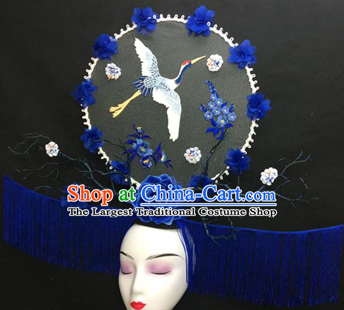 Chinese Handmade Catwalks Deluxe Tassel Headwear Qipao Stage Show Embroidered Crane Hair Crown Traditional Court Giant Branch Top Hat