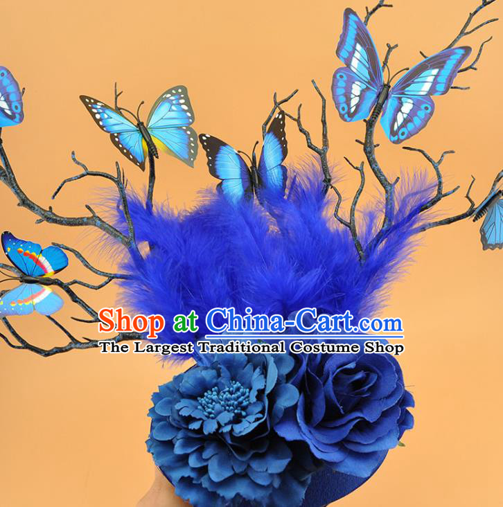 Top Brazilian Carnival Feather Royal Crown Halloween Fancy Ball Branch Hat Miami Blue Butterfly Headdress Cosplay Party Hair Accessories