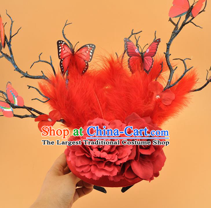 Top Cosplay Party Hair Accessories Brazilian Carnival Feather Royal Crown Halloween Fancy Ball Branch Hat Miami Red Butterfly Headdress