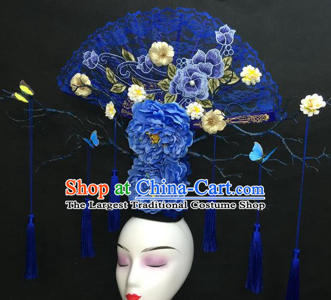 Chinese Traditional Court Giant Lace Fan Top Hat Handmade Catwalks Deluxe Blue Peony Headwear Qipao Stage Show Tassel Hair Crown