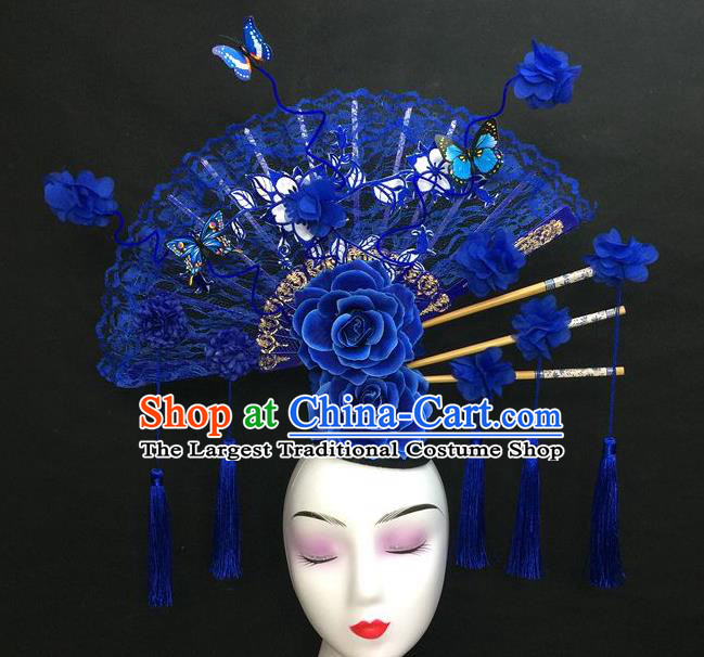 Chinese Handmade Catwalks Deluxe Lace Fashion Headwear Qipao Stage Show Hair Crown Traditional Court Giant Blue Fan Tassel Top Hat