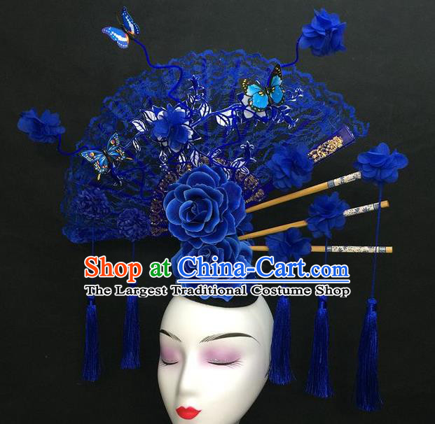 Chinese Handmade Catwalks Deluxe Lace Fashion Headwear Qipao Stage Show Hair Crown Traditional Court Giant Blue Fan Tassel Top Hat