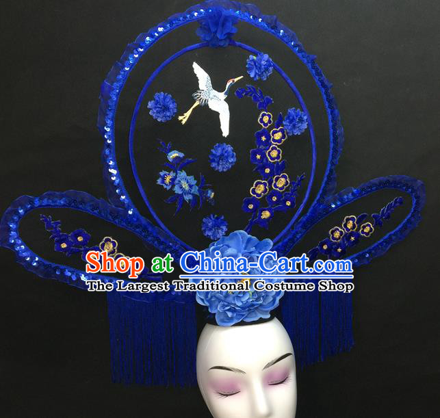 Chinese Traditional Court Giant Blue Tassel Top Hat Handmade Catwalks Deluxe Fashion Headwear Qipao Stage Show Embroidered Crane Hair Crown