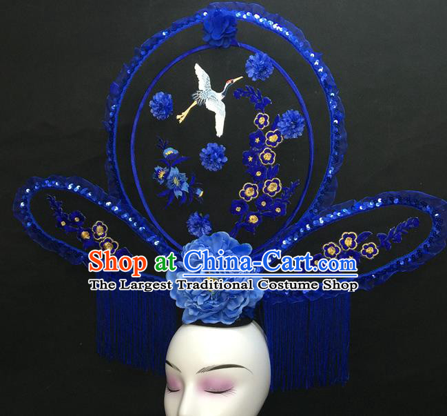 Chinese Traditional Court Giant Blue Tassel Top Hat Handmade Catwalks Deluxe Fashion Headwear Qipao Stage Show Embroidered Crane Hair Crown