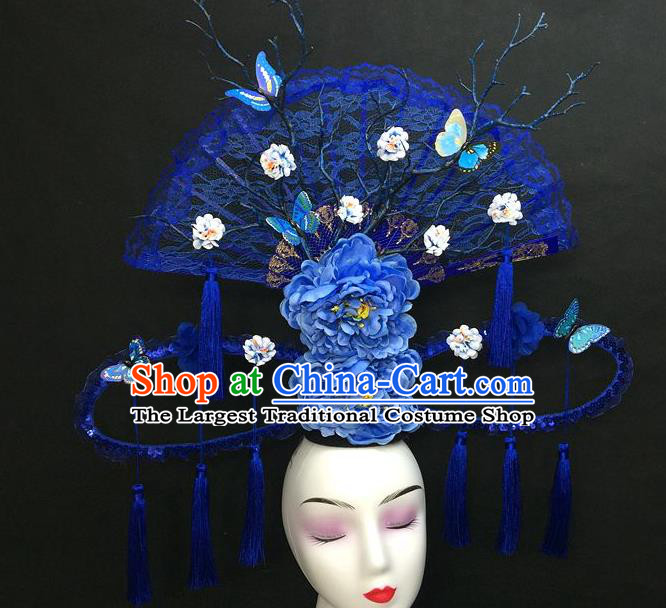 Chinese Qipao Stage Show Tassel Hair Crown Traditional Court Giant Lace Fan Top Hat Handmade Catwalks Deluxe Blue Peony Headwear