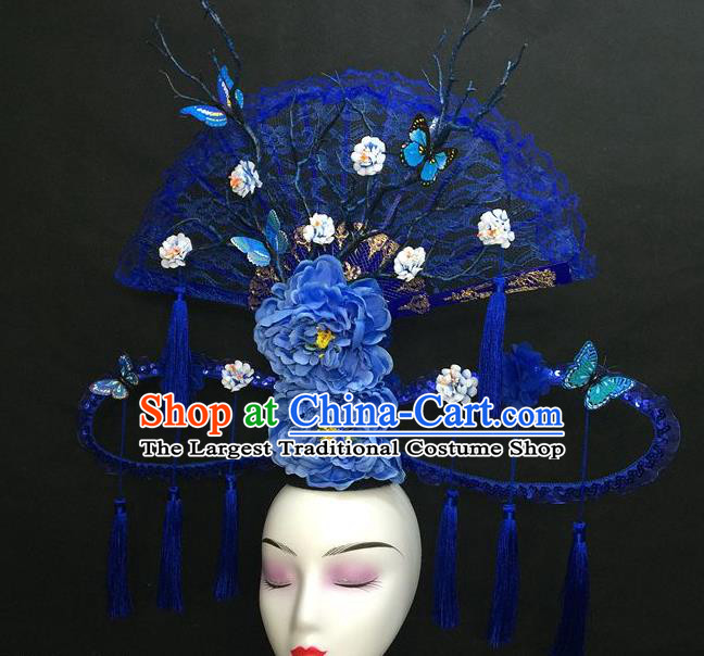 Chinese Qipao Stage Show Tassel Hair Crown Traditional Court Giant Lace Fan Top Hat Handmade Catwalks Deluxe Blue Peony Headwear