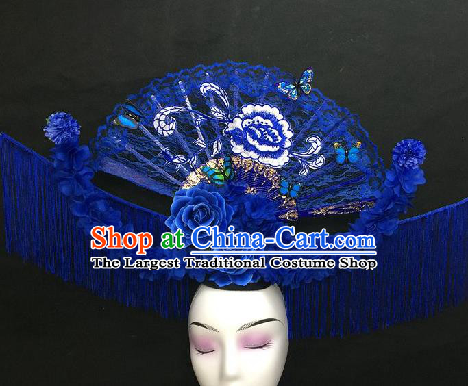Chinese Qipao Stage Show Embroidered Peony Hair Crown Traditional Court Giant Blue Lace Fan Top Hat Handmade Catwalks Deluxe Tassel Fashion Headwear