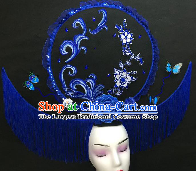 Chinese Handmade Catwalks Deluxe Tassel Fashion Headwear Qipao Stage Show Hair Crown Traditional Court Giant Blue Peony Top Hat
