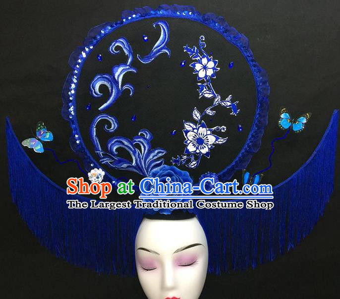 Chinese Handmade Catwalks Deluxe Tassel Fashion Headwear Qipao Stage Show Hair Crown Traditional Court Giant Blue Peony Top Hat