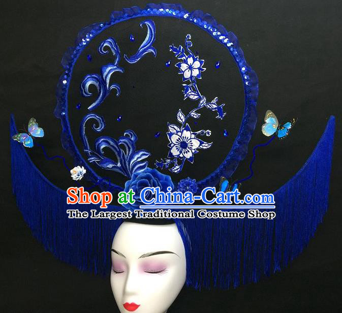 Chinese Handmade Catwalks Deluxe Tassel Fashion Headwear Qipao Stage Show Hair Crown Traditional Court Giant Blue Peony Top Hat