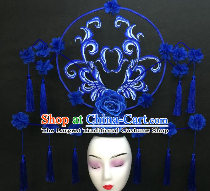 Chinese Traditional Court Giant Blue Peony Top Hat Handmade Catwalks Deluxe Tassel Fashion Headwear Qipao Stage Show Hair Crown