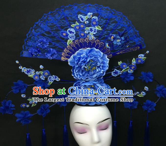 Chinese Cheongsam Stage Show Blue Peony Hair Crown Traditional Court Giant Top Hat Handmade Catwalks Deluxe Lace Fan Fashion Headwear