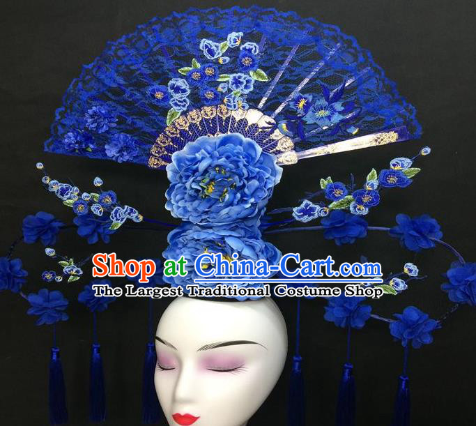 Chinese Cheongsam Stage Show Blue Peony Hair Crown Traditional Court Giant Top Hat Handmade Catwalks Deluxe Lace Fan Fashion Headwear
