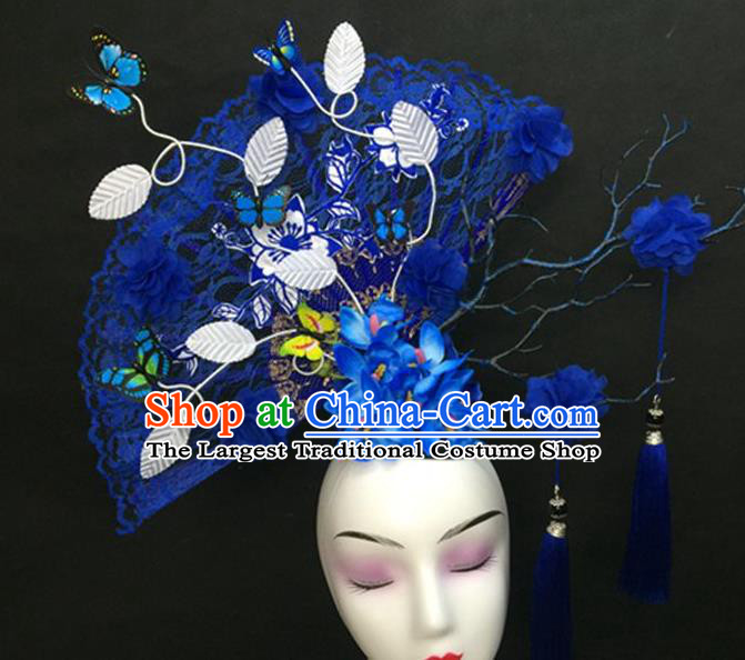 Chinese Handmade Catwalks Deluxe Blue Lace Fan Fashion Headwear Cheongsam Stage Show Hair Crown Traditional Court Giant Top Hat