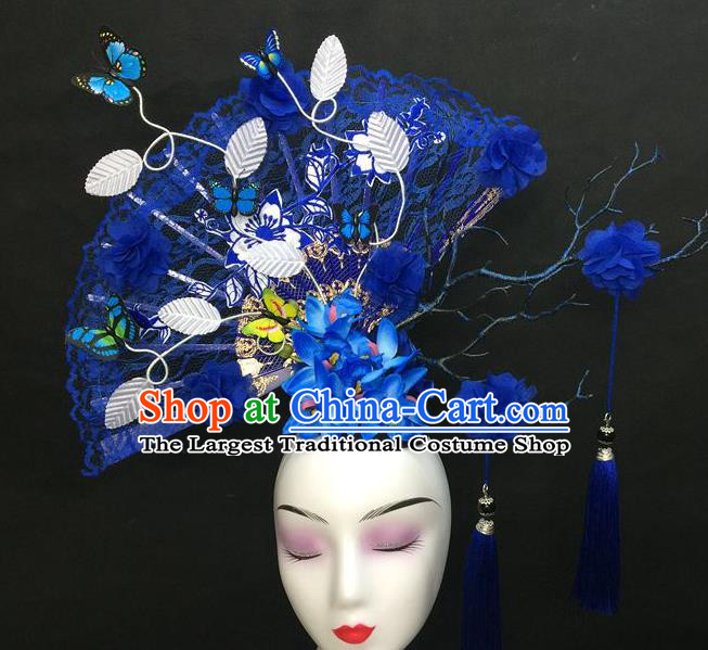 Chinese Handmade Catwalks Deluxe Blue Lace Fan Fashion Headwear Cheongsam Stage Show Hair Crown Traditional Court Giant Top Hat