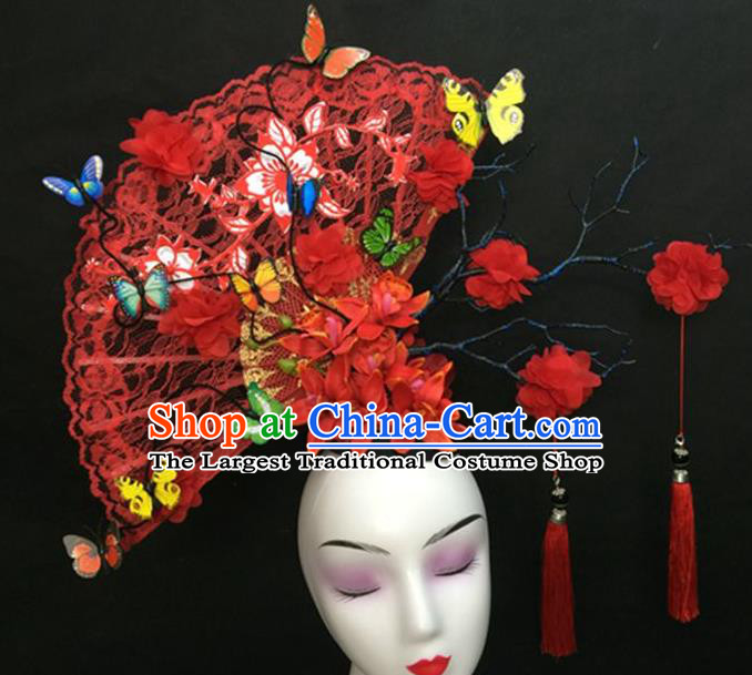Chinese Traditional Court Tassel Giant Top Hat Handmade Catwalks Deluxe Red Lace Fan Fashion Headwear Cheongsam Stage Show Hair Crown