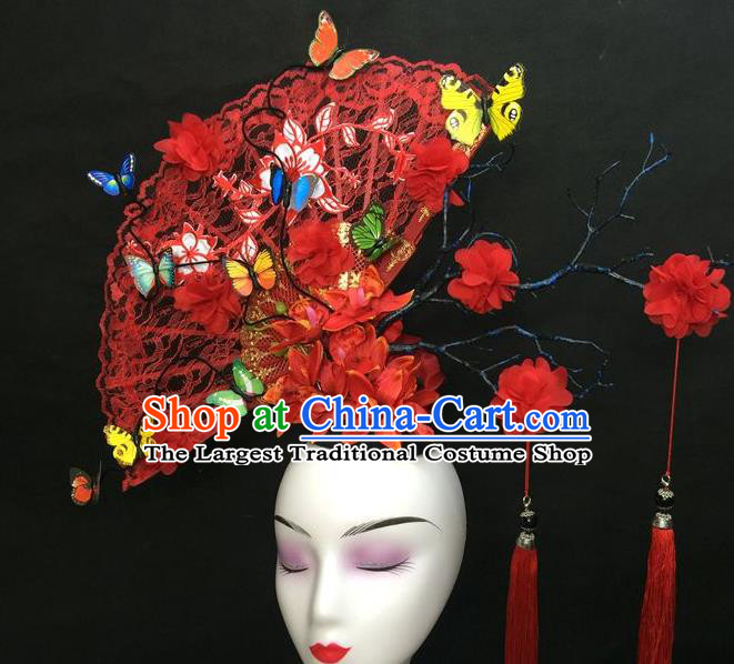Chinese Traditional Court Tassel Giant Top Hat Handmade Catwalks Deluxe Red Lace Fan Fashion Headwear Cheongsam Stage Show Hair Crown