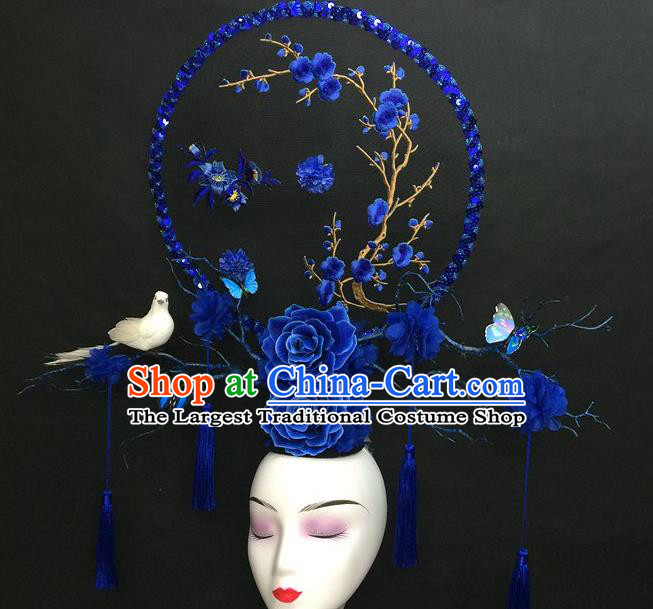 Chinese Handmade Catwalks Deluxe Fashion Headwear Qipao Stage Show Embroidered Plum Hair Crown Traditional Court Giant Top Hat