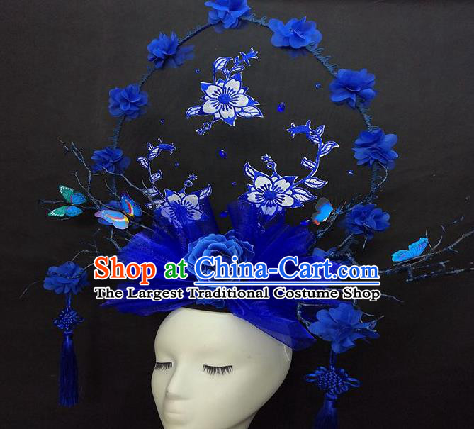 Chinese Handmade Catwalks Deluxe Butterfly Fashion Headwear Cheongsam Stage Show Royalblue Veil Hair Crown Traditional Court Tassel Giant Top Hat