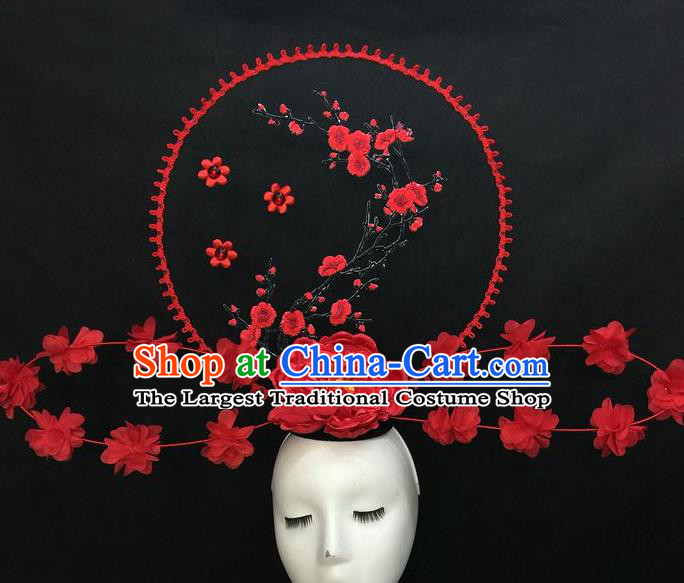 Chinese Cheongsam Stage Show Embroidered Red Plum Hair Crown Traditional Court Giant Top Hat Handmade Catwalks Deluxe Peony Fashion Headwear