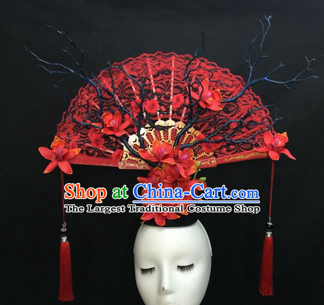 Chinese Handmade Catwalks Red Lace Fashion Headwear Cheongsam Stage Show Giant Hair Crown Traditional Court Deluxe Top Hat