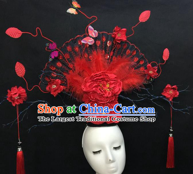 Chinese Traditional Court Deluxe Fan Top Hat Handmade Catwalks Red Peony Fashion Headwear Cheongsam Stage Show Giant Feather Hair Crown